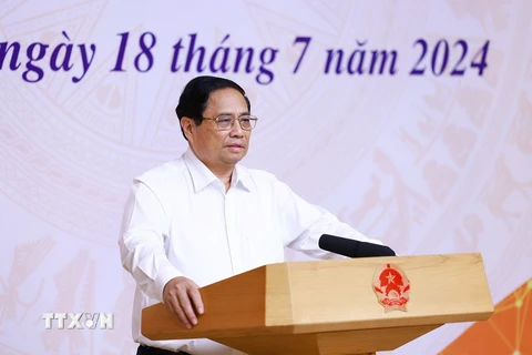 Thủ tướng Phạm Minh Chính phát biểu tại điểm cầu Chính phủ. (Ảnh: Dương Giang/TTXVN)