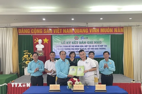 Ngày 23/7/2024, Hội Nông dân tỉnh Long An và Công ty Cổ phần giải pháp công nghệ FELIX đã ký biên bản ghi nhớ về Chương trình hỗ trợ nông dân, hợp tác xã và tổ hợp tác lên sàn thương mại điện tử FELIX, kết nối giao thương tiêu thụ nông sản nội địa và xuất khẩu. (Ảnh: Bùi Giang/TTXVN)