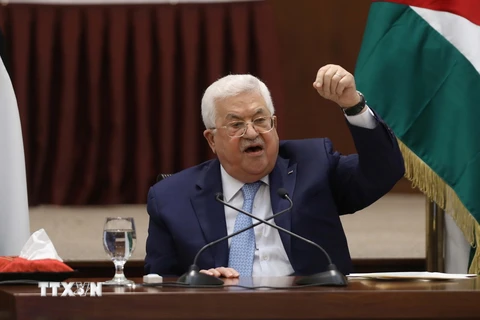 Tổng thống Palestine Mahmoud Abbas phát biểu tại một cuộc họp ở thành phố Ramallah, Bờ Tây. (Ảnh: ANI/TTXVN)