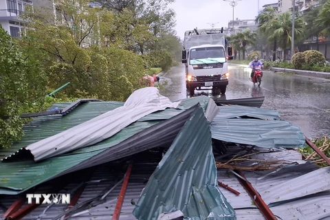 Các tấm tôn và cây gãy đổ trên tuyến Quốc lộ 18A qua địa phận thành phố Hạ Long, Quảng Ninh. (Ảnh: Đức Hiếu/TTXVN)