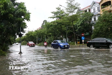 Đường Huyền Quang, thành phố Bắc Ninh bị nước ngập các phương tiện đi lại khó khăn. (Ảnh: Thanh Thương/TTXVN)