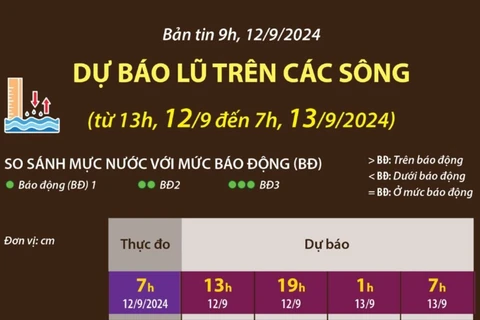 Dự báo lũ trên các sông đến 7 giờ ngày 13/9/2024