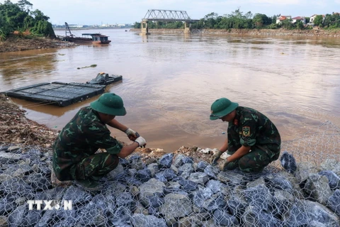 Các chiến sỹ đan rọ sắt để làm kè. (Ảnh: Tuấn Anh/TTXVN)