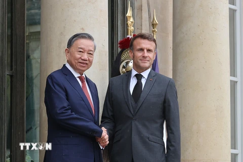 Tổng thống Pháp Emmanuel Macron đón Tổng Bí thư, Chủ tịch nước Tô Lâm. (Ảnh: Trí Dũng/TTXVN)