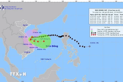 Hướng di chuyển của bão số 6, cập nhật lúc 7 giờ, ngày 27/10. (Ảnh: TTXVN phát)