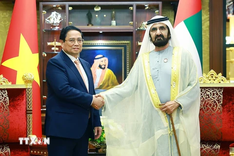 Thủ tướng Phạm Minh Chính hội đàm với Phó Tổng thống, Thủ tướng UAE Sheikh Mohammed bin Rashid Al Maktoum. (Ảnh: Dương Giang/TTXVN)