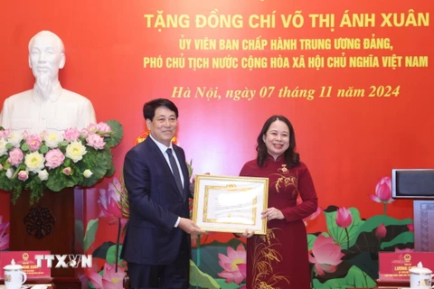 Chủ tịch nước Lương Cường trao Huy hiệu 30 năm tuổi Đảng cho Phó Chủ tịch nước Võ Thị Ánh Xuân. (Ảnh: Lâm Khánh/TTXVN)