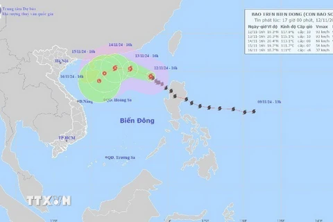 Đường đi của bão số 08, lúc 16h ngày 12/11/2024. (Ảnh: TTXVN phát)