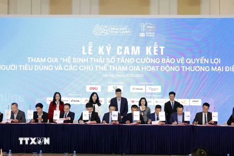 Đại diện các doanh nghiệp, đơn vị chức năng ký cam kết bảo vệ quyền lợi người tiêu dùng và các chủ thể tham gia hoạt động thương mại điện tử. (Ảnh: Trần Việt/TTXVN)