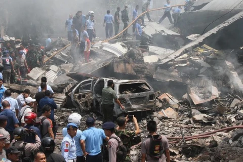 Hiện trường vụ rơi máy bay ở Indonesia. (Nguồn: AP)