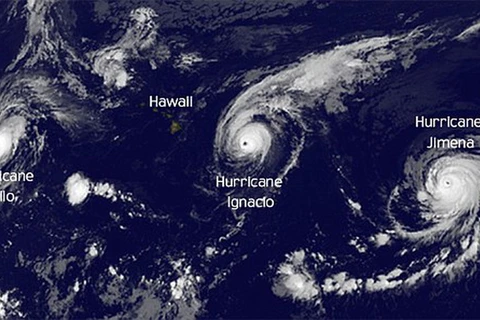 Ba con bão cùng hoảnh hành 1 lúc từ vùng biển Mexico tới Hawaii. (Nguồn: DM)