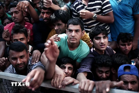 Người nhập cư trái phép chờ đợi được đăng ký bên ngoài một đồn cảnh sát ở đảo Kos. (Nguồn: AFP/TTXVN)