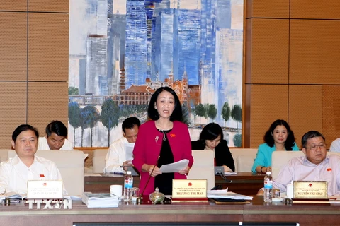 Chủ nhiệm Ủy ban về các Vấn đề xã hội của Quốc hội Trương Thị Mai phát biểu ý kiến. (Ảnh: Phạm Kiên/TTXVN)