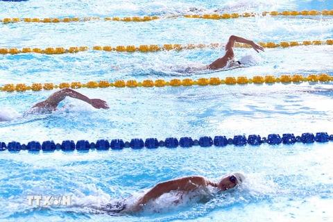 Các vận động viên nam nhóm 14​-15 tuổi tranh tài nội dung 400m bơi tự do. (Ảnh: Trần Lê Lâm/TTXVN)