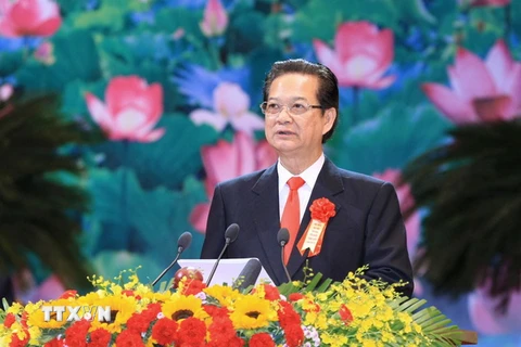 Thủ tướng Nguyễn Tấn Dũng, Chủ tịch Hội đồng Thi đua-Khen thưởng Trung ương phát biểu khai mạc Đại hội. (Ảnh: TTXVN)