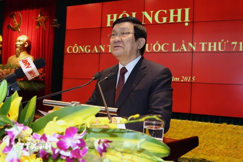 Chủ tịch nước Trương Tấn Sang phát biểu tại Hội nghị Công an toàn quốc lần thứ 71. (Ảnh: Nguyễn Khang/TTXVN)