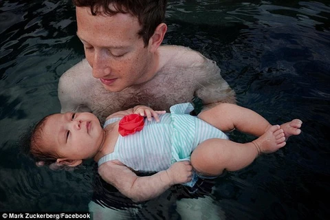 Mark Zuckerberg và con gái Maxima trong buổi tập bơi đầu tiên. (Nguồn: DM)
