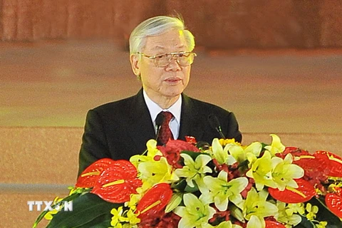 Tổng Bí thư Nguyễn Phú Trọng phát biểu tại buổi dạ hội. (Ảnh: Minh Đức/TTXVN)