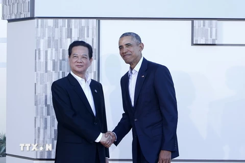 Tổng thống Hoa Kỳ Obama đón Thủ tướng Nguyễn Tấn Dũng. (Ảnh: Thống Nhất​/TTXVN)