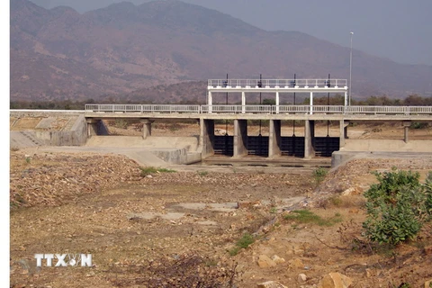 Công trình hồ chứa nước Bầu Zôn ở huyện Ninh Phước (tỉnh Ninh Thuận) trơ đáy. (Ảnh: Công Thử/TTXVN)