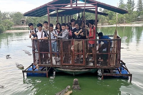 Nhiều người đứng trên một chiếc bè chênh vênh và cho cá sấu ăn​.