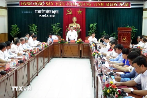 Trưởng Ban Tổ chức Trung ương Phạm Minh Chính phát biểu tại buổi làm việc với Ban thường vụ Tỉnh ủy Bình Định. (Ảnh: Viết Ý/TTXVN)
