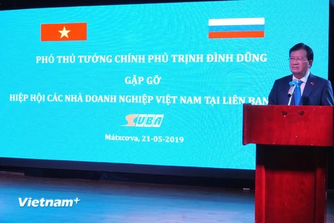 Phó Thủ tướng Trịnh Đình Dũng phát biểu tại cuộc gặp. (Ảnh: Tâm Hằng/Vietnam+)