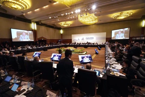 Các đại biểu tham dự Hội nghị Bộ trưởng Tài chính và Thống đốc Ngân hàng Trung ương Nhóm G20 ở thành phố Fukuoka, Nhật Bản ngày 8/6. (Ảnh: AFP/TTXVN)