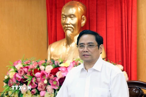 Đồng chí Phạm Minh Chính, Ủy viên Bộ chính trị, Bí thư Trung ương Đảng, Trưởng Ban Tổ chức Trung ương phát biểu tại buổi làm việc. (Ảnh: Công Tường/TTXVN)