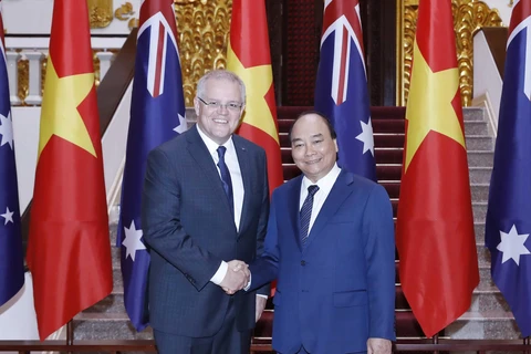 Thủ tướng Nguyễn Xuân Phúc và Thủ tướng Australia Scott Morrison tại Trụ sở Chính phủ. (Ảnh: Thống Nhất/TTXVN)