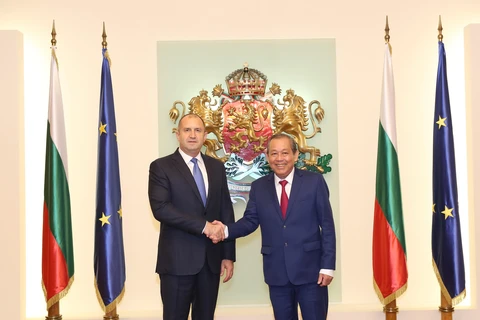 Phó Thủ tướng Thường trực Trương Hòa Bình gặp Tổng thống Bulgaria Rumen Radev. (Ảnh: Công Thuận/TTXVN)