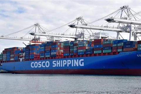 Tàu container của Hãng vận tải biển COSCO của Trung Quốc tại cảng Long Beach, Los Angeles (Mỹ). (Nguồn: AFP/TTXVN)