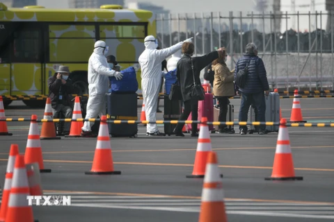 Nhân viên y tế hỗ trợ hành khách sơ tán khỏi du thuyền Diamond Princess tại cảng Yokohama. (Ảnh: AFP/TTXVN)