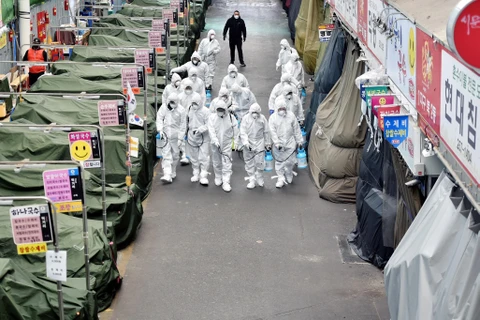 Trong ảnh: Nhân viên phun thuốc khử trùng tại một khu chợ ở Daegu, Hàn Quốc, nhằm ngăn chặn sự lây lan của COVID-19. (Ảnh: THX/TTXVN)