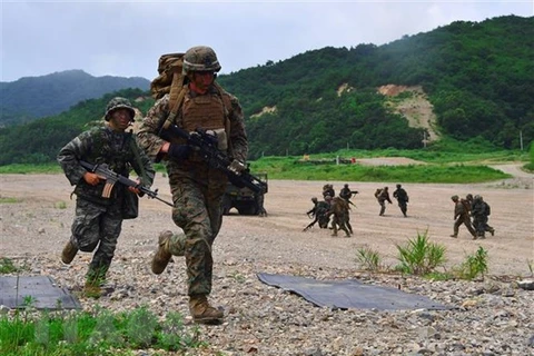Binh sỹ Mỹ và Hàn Quốc tham gia một cuộc tập trận chung tại Pohang (Hàn Quốc). (Ảnh: AFP/TTXVN)
