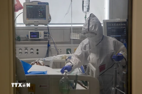 Nhân viên y tế kiểm tra tình trạng bệnh nhân nhiễm COVID-19 tại một bệnh viện ở thành phố Daegu, Hàn Quốc. (Ảnh: Yonhap/TTXVN)