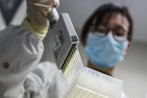 Kỹ thuật viên thử nghiệm vaccine phòng COVID-19 tại phòng thí nghiệm ở Bắc Kinh, Trung Quốc, ngày 16/3. (Ảnh: THX/TTXVN)