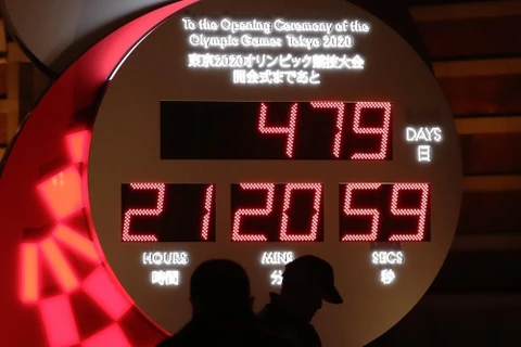 Đồng hồ đếm ngược tới Olympic Tokyo bên ngoài nhà ga Tokyo, Nhật Bản. (Ảnh: THX/TTXVN)