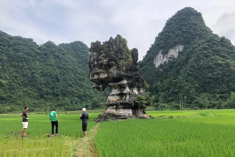 Đoàn chuyên gia mạng lưới Công viên địa chất toàn cầu UNESCO đến trải nghiệm điểm di sản mới 'Hòn đá mồ côi' tại thung lũng Bản Hau, xã Cao Thăng (Trùng Khánh). (Ảnh: Chu Hiệu/TTXVN)