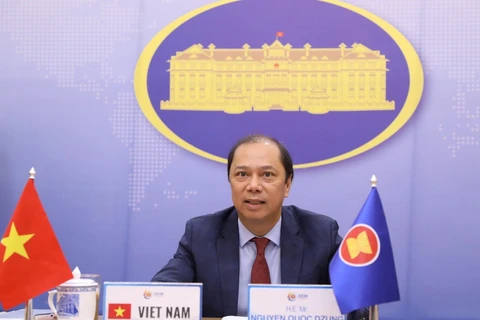Thứ trưởng Bộ Ngoại giao Nguyễn Quốc Dũng, Trưởng SOM ASEAN chủ trì Đối thoại thường niên cấp Thứ trưởng Ngoại giao lần thứ 33 giữa ASEAN và Hoa Kỳ theo hình thức trực tuyến. (Ảnh: Văn Điệp/TTXVN)