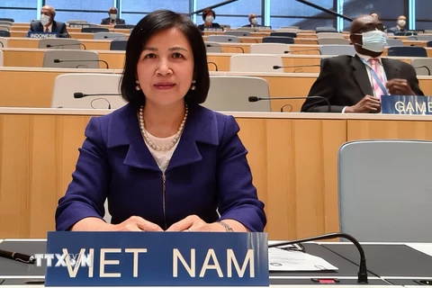 Đại sứ Lê Thị Tuyết Mai, Trưởng Đoàn Việt Nam tham dự Khóa họp lần thứ 61 các Hội đồng của các nước thành viên WIPO. (Ảnh: Tố Uyên/TTXVN)