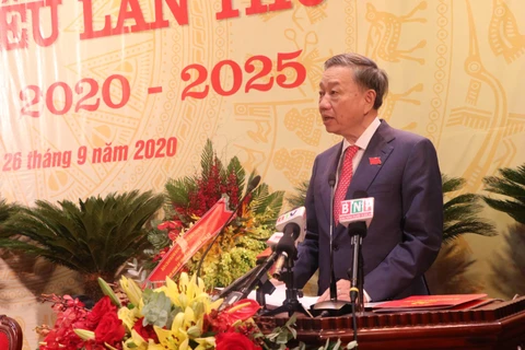 Đại tướng Tô Lâm, Ủy viên Bộ Chính trị, Bộ trưởng Bộ Công an phát biểu tại Đại hội. (Ảnh: Thanh Thương/TTXVN)