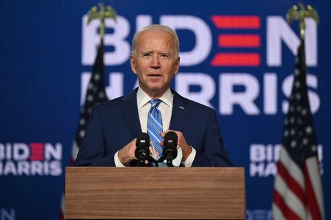 Ứng viên Tổng thống đảng Dân chủ Mỹ Joe Biden phát biểu trong cuộc họp báo sau Ngày Bầu cử, ở Wilmington, Delaware, ngày 4/11. (Ảnh: AFP/TTXVN)