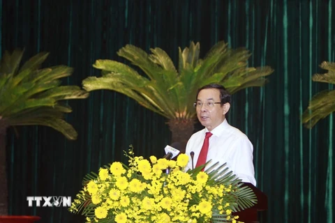 Bí thư Trung ương Đảng, Bí thư Thành uỷ Thành phố Hồ Chí Minh Nguyễn Văn Nên phát biểu khai mạc hội nghị. (Ảnh: Thanh Vũ/TTXVN)