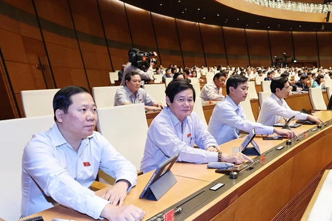 Trong ảnh: Các đại biểu Quốc hội biểu quyết miễm nhiệm một số ủy viên Ủy ban Thường vụ Quốc hội. (Ảnh: Trọng Đức/TTXVN)