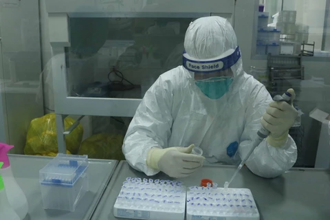Lực lượng y, bác sỹ căng mình xét nghiệm SARS-CoV-2 để trả kết quả sớm nhất. (Ảnh: Thanh Thương/TTXVN)