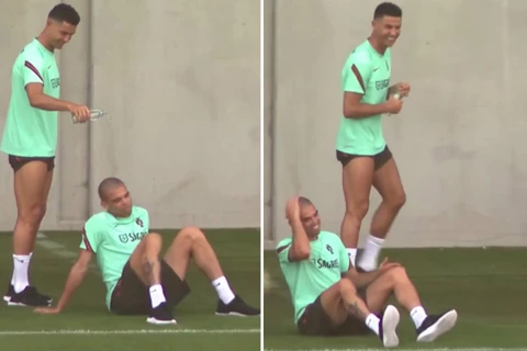 Ronaldo 'chơi khăm' Pepe trên sân tập chuẩn bị cho trận gặp Bỉ