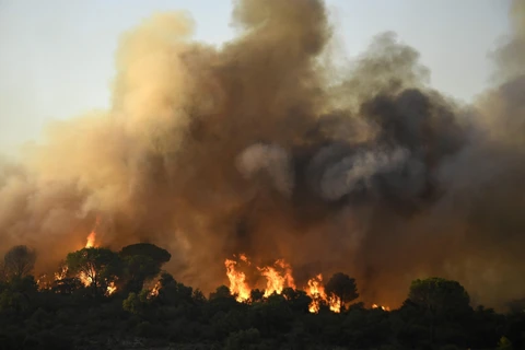 Khói lửa bốc lên tại đám cháy rừng ở vùng Var, miền Nam nước Pháp ngày 17/8. (Ảnh: AFP/TTXVN)