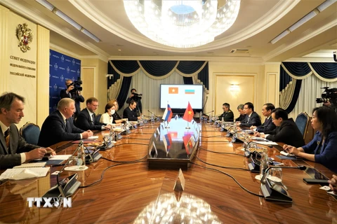 Bộ trưởng Ngoại giao Bùi Thanh Sơn làm việc với Phó Chủ tịch Hội đồng Liên bang Nga Konstantin Kosachev. (Ảnh: Duy Trinh/TTXVN)