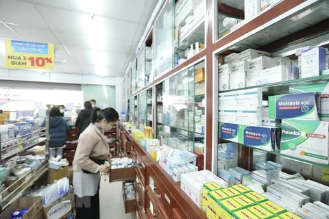 Sau khi có hướng dẫn bán thuốc từ Bộ Y tế, hệ thống nhà thuốc FPT Long Châu đã chính thức mở bán thuốc kháng virus điều trị COVID-19 có thành phần hoạt chất chứa Molnupiravir. (Ảnh: Minh Quyết/TTXVN) 